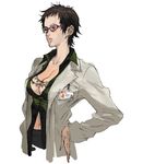  blue_eyes breasts brown_hair cleavage earrings glasses hand_on_hip highres jewelry labcoat large_breasts metal_gear_(series) metal_gear_acid metal_gear_acid_2 name_tag navel no_legs official_art red-framed_eyewear shirt short_hair takiyama_michiko unbuttoned upper_body 