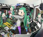  6+girls aqua_eyes aqua_hair bed blue_legwear casual clone computer desk disco_ball febreze figure fisheye forehead green_legwear hatsune_miku highres hood hoodie indoors laptop long_hair looking_at_viewer magazine multiple_girls pantyhose pink_legwear product_placement purple_legwear redial_(vocaloid) sitting smile twintails very_long_hair vocaloid yellow_legwear 