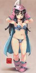  armor armpits bikini_armor black_eyes black_hair boots breasts cape chi-chi_(dragon_ball) cleavage collarbone dragon_ball dragon_ball_(classic) gloves groin helmet long_hair medium_breasts navel pink_footwear skindentation solo yae_no_sumire 