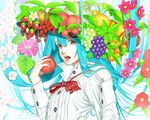  apple bad_id bad_pixiv_id blue_hair cantaloupe cherry flower food fruit grapes hat hinanawi_tenshi long_hair melon morning_glory ogino_(oginogino) open_mouth peach persimmon red_eyes solo strawberry strawberry_blossoms touhou upper_body 