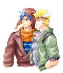  blonde_hair blue_eyes blue_hair caesar_anthonio_zeppeli facial_mark feathers fingerless_gloves gloves green_eyes green_jacket hair_feathers headband jacket jojo_no_kimyou_na_bouken joseph_joestar_(young) kurenai_karasu multiple_boys scarf 