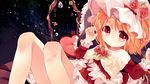  alternate_costume blonde_hair clover doily flandre_scarlet flower four-leaf_clover frilled_sleeves frills fur_trim hat hat_flower heart heart_pillow highres long_sleeves lying morinaga_kobato pearl pillow red_eyes rose short_hair solo touhou wallpaper wings 