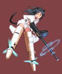  animal_ears black_hair cat_ears cat_tail commentary francesca_lucchini green_eyes gun long_hair machine_gun military military_uniform older open_mouth panties shimada_fumikane simple_background solo strike_witches striker_unit tail underwear uniform weapon world_witches_series 