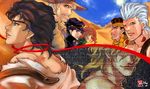  beard birthmark blonde_hair blue_eyes blue_sky brown_hair cowboy_hat day desert dio_brando earrings facial_hair hat jean_pierre_polnareff jewelry jojo_no_kimyou_na_bouken jonathan_joestar joseph_joestar kakyouin_noriaki kuujou_joutarou looking_at_viewer mohammed_avdol multiple_boys parted_lips sand scar seams serious silver_hair sky star sun teeth upper_body urjashannan 