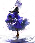  black_legwear darker_than_black dress full_body hair_ribbon highres kabocha_(monkey4) pantyhose petals ponytail purple_dress purple_eyes reflection ribbon shoes silver_hair simple_background skirt_hold solo water white_background yin 