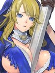  between_breasts blonde_hair blue_eyes breasts duplicate huge_breasts mole nun pupps queen's_blade queen's_blade_rebellion sigui_(queen's_blade) solo torn_clothes 