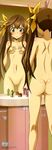  1girl absurdres ass blush bow brown_hair butt_crack covering covering_breasts green_eyes hair_bow highres huang_lingyin infinite_stratos legs long_image mirror nude nude_filter photoshop pussy reflection solo stick_poster tall_image twintails uncensored 