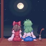  animated animated_gif brown_hair closed_eyes couple detached_sleeves face-to-face full_moon green_hair hair_ornament hair_tubes hakurei_reimu holding_hands kiss kochiya_sanae kyako_youkan lowres moon multiple_girls night pixel_art star touhou wheat yuri 