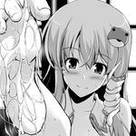  blush c.r. cum cum_on_body cum_on_lower_body face feet frog_hair_ornament greyscale hair_ornament implied_footjob kochiya_sanae long_hair monochrome pov_feet smile snake_hair_ornament soles solo sweat toes touhou 