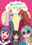  5girls animal_ears aqua_hair bang_dream! bangs black_hair black_neckwear blue_coat bow brown_eyes brown_hair bunny_ears cat_ears coat commentary_request cover cover_page demon_horns dog_ears doujin_cover fake_animal_ears fang flat_color fur-trimmed_coat fur_collar fur_trim grey_coat grey_hair hair_bow half_updo hand_on_own_chin hat head_wings highres hikawa_sayo horns imai_lisa looking_at_another minato_yukina mini_hat mini_top_hat multiple_girls murata_(igaratara) neck_ribbon open_mouth orange_scarf pink_bow pom_pom_earrings purple_coat purple_hair purple_hat red_eyes ribbon roselia_(bang_dream!) scarf semi-rimless_eyewear shirokane_rinko sidelocks smile sunglasses sweatdrop top_hat twintails udagawa_ako under-rim_eyewear 