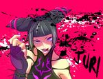  1girl absurdres bare_shoulders black_hair capcom character_name fingerless_gloves gloves han_juri highres lipstick looking_at_viewer makeup nail_polish purple_eyes purple_lipstick purple_nails solo street_fighter street_fighter_iv super_street_fighter_iv tongue 