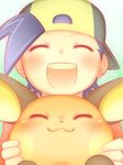  :3 backwards_hat baseball_cap black_hair blush cafe_(chuu_no_ouchi) closed_eyes commentary_request gen_1_pokemon gold_(pokemon) hat male_focus open_mouth pokemon pokemon_(creature) pokemon_(game) pokemon_hgss raichu smile 