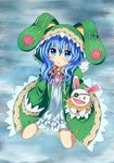  animal_hood blue_eyes blue_hair blush bunny coat date_a_live gloves haiiro_(immature) hand_puppet hood kneeling puppet rain stuffed_animal stuffed_bunny stuffed_toy yoshino_(date_a_live) yoshinon 