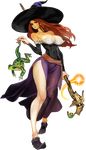 bare_shoulders breasts brown_eyes brown_hair cleavage detached_sleeves dragon's_crown dress frog full_body hat kamitani_george large_breasts long_hair official_art side_slit solo sorceress_(dragon's_crown) staff strapless strapless_dress transparent_background vanillaware witch_hat 