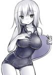  blush breasts goggles kickboard large_breasts long_hair monochrome one-piece_swimsuit original school_swimsuit simple_background solo standing swimsuit tsukumiya_amane white_background 