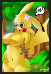  2013 anthrofied blue_eyes breasts creature cute female flower forest mouse navel nintendo nude pikachu pok&eacute;mon rodent shnider solo tree video_games 