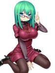  blue_eyes breasts brown_legwear glasses green_hair high_heels index_finger_raised jewelry large_breasts necklace original pantyhose shoes short_hair simple_background sitting smile solo tsukumiya_amane wariza white_background 