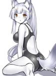  animal_ears ass back blush breasts brown_eyes hime_cut long_hair medium_breasts one-piece_swimsuit original ponytail simple_background sitting solo spot_color swimsuit tail tail_through_clothes tsukumiya_amane wariza white_background 