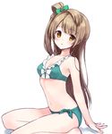  arm_support bare_legs bare_shoulders bikini bow brown_eyes brown_hair green_bikini hair_bow long_hair looking_at_viewer love_live! love_live!_school_idol_project minami_kotori navel one_side_up parted_lips rimo side-tie_bikini sitting solo swimsuit 