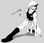 1boy boots fighting_stance full_body hat heart_pirates jumpsuit male male_focus monochrome one_piece shachi_(one_piece) solo squatting sunglasses takuhe_0410 tank_top tattoo 