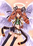  1girl angel_feather angel_feathers bare_midriff belt blush bracelet brown_hair cardfight!!_vanguard cosplay female gloves hair_ribbon hair_tie halo hands_up happy_bell_nociel heart jewelry long_hair looking_at_viewer midriff miniskirt minskirt navel one_eye_closed purple_eyes rekka_(cardfight!!_vanguard) ribbon skirt solo stockings tatsunagi_rekka thighhighs vanguard_ride wings wink 