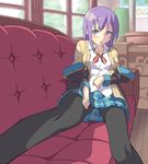  black_legwear blazer blush cardigan couch gj-bu jacket long_hair long_sleeves nikujiru_(nickjr) open_cardigan open_clothes open_mouth pantyhose plaid plaid_skirt purple_eyes purple_hair school_uniform sitting skirt sumeragi_shion sweater very_long_hair 