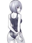  ass blush looking_back monochrome one-piece_swimsuit original school_swimsuit simple_background solo swimsuit tsukumiya_amane white_background wrist_grab 