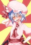  ^_^ arm_behind_head ascot bat_wings blue_hair blush brooch closed_eyes fang hand_on_hip hat jewelry macedonian_flag open_mouth remilia_scarlet short_hair skirt smile solo sunburst takorice touhou upper_body wings 