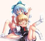  arms_up ascot bloomers blue_dress blue_eyes blue_hair blush bow child choke_hold cirno closed_eyes dress fang hair_bow hair_ribbon hakkotsu_shitai happy_tears ice ice_wings legs_up multiple_girls no_shoes open_mouth pink_background playing ribbon rumia shirt short_hair short_sleeves simple_background sitting skirt skirt_set smile strangling tears touhou underwear vest wings wrestling 