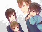  2girls :d asahina_satoru brown_hair carrying child family if_they_mated jiman looking_at_viewer multiple_boys multiple_girls open_mouth orange_eyes piggyback red_eyes shin_sekai_yori short_hair smile watanabe_saki 