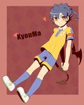  armband bad_id bad_pixiv_id blue_hair blush character_name cr72 demon_tail demon_wings heart inazuma_eleven_(series) inazuma_eleven_go lightning_bolt male_focus raimon raimon_soccer_uniform romaji soccer_uniform solo sportswear tail tsurugi_kyousuke wings 