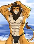  abs anthro beach beard biceps big_muscles brown_fur brown_hair bulge facial_hair feline flexing fundoshi fur hair hentist lion looking_at_viewer male mammal muscles nipples orange_eyes pecs pose sand sea seaside shishimaru_genjurou shishimaru_genjurou_(character) solo speedo standing swimsuit tan_fur toned topless underwear vein water 