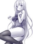  :o breasts long_hair medium_breasts monochrome one-piece_swimsuit open_mouth original school_swimsuit simple_background solo swimsuit thighhighs tsukumiya_amane white_background 