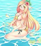  arched_back arm_support barefoot bikini bird blonde_hair blush breasts cleavage duck fish flower glasses hair_flower hair_ornament hairband highres large_breasts long_hair looking_at_viewer lucknight original parted_lips partially_submerged rimless_eyewear shiny shiny_skin side-tie_bikini sideboob sitting smile snail solo starfish strap_gap swimsuit very_long_hair wariza water yellow_eyes 