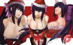  1girl animal_ears bare_shoulders black_legwear blazpu blue_hair bow breasts cat_ears christmas cleavage commentary elbow_gloves english_commentary fur_trim gloves hair_between_eyes hair_bow hat huge_breasts long_hair looking_at_viewer multiple_views naughty_face noihara_himari omamori_himari parted_lips ponytail purple_eyes red_gloves santa_costume santa_hat seductive_smile sideboob smile thighhighs very_long_hair 