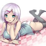  aqua_eyes argyle ass black_legwear breasts collarbone hair_ornament hairclip hand_on_own_cheek long_hair lying medium_breasts on_stomach open_mouth original panties purple_hair side-tie_panties solo thighhighs tsukumiya_amane underwear white_panties 