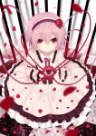  checkered checkered_floor dress frilled_dress frills hairband heart komeiji_satori minamura_haruki petals pink_dress pink_eyes pink_hair rose_hair_ornament rose_petals short_hair third_eye touhou 