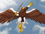  abs anthro avian beak biceps big_muscles bird brown_body bulge claws clothing cloud eagle feathers flexing flying grin loincloth male muscles pecs polearm pose sky smile solo spear talons toned topless underwear weapon wfa white_body wings yellow_eyes 