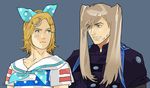  alternate_hairstyle bad_id bad_pixiv_id beard blonde_hair blue_eyes bow brown_hair facial_hair grin gyro_zeppeli hair_bow hair_ornament hair_up hairclip johnny_joestar jojo_no_kimyou_na_bouken lipstick long_hair makeup multiple_boys purple_eyes sailor_collar smile steel_ball_run tanaka_kaori twintails 