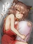  animal_ears bare_shoulders blush brown_hair cat_ears cat_tail chen earrings highres jewelry lying multiple_tails no_hat no_headwear on_side pillow roki_(hirokix) short_hair single_earring sketch sleepy sleeveless solo tail touhou 