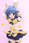  animal_ears blue_eyes blue_hair blur_eyes boots bow bowtie bunny_ears caramelldansen cardfight!!_vanguard cosplay crossdress crossdressing frilled_skirt frills genderswap gloves gold_paladin greeting_drummer miniskirt sendou_aichi short_hair skirt stockings thigh_boots thighhighs vanguard_ride 