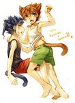  animal_ears bad_id bad_pixiv_id barefoot blue_hair blush brown_hair character_name cr72 fang full_body inazuma_eleven_(series) inazuma_eleven_go male_focus matsukaze_tenma multiple_boys open_mouth paw_pose paw_print simple_background tail tsurugi_kyousuke white_background 