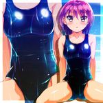  bad_id bad_pixiv_id brown_eyes higa one-piece_swimsuit original pink_hair school_swimsuit shiny shiny_clothes shiny_swimsuit short_hair spread_legs swimsuit wet zoom_layer 