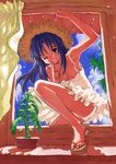  breasts cleavage cloud dress finger_to_mouth grin hat long_hair looking_at_viewer medium_breasts one_eye_closed original panties pantyshot plant potted_plant purple_hair red_eyes saitani_umetarou sandals shushing sky smile solo straw_hat underwear white_dress window 