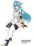  1girl android armor bare_shoulders blue_eyes blue_hair breasts elbow_gloves gloves kos-mos large_breasts long_hair looking_at_viewer sitting solo thighhighs underboob xenosaga xenosaga_episode_iii 