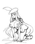  1girl animal_ears bokkori breast_grab breasts bunny_ears curvy goo_girl grabbing huge_breasts lactation large_breasts leaning_forward long_hair looking_at_viewer melona milking monochrome monster_girl nipples queen&#039;s_blade queen's_blade simple_background smile solo very_long_hair wide_hips 