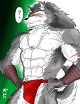  abs anthro bandage biceps big_muscles black_fur black_nose blush body_markings bulge canine chest_tuft frown fur grey_eyes grey_fur grey_hair hair hentist loincloth long_hair male mammal markings muscles nipples pecs pose rouen scar shining_(series) shining_wind solo standing sweat toned topless tuft underwear video_games white_fur wolf 