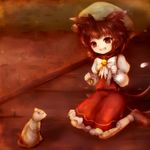  absurdres amanojaku animal animal_ears bad_id bad_pixiv_id bow brown_eyes brown_hair cat cat_ears cat_tail chen fish hat highres kneeling multiple_tails shoes short_hair socks solo tail touhou 