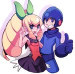  1girl android arm_around_waist big_hair blonde_hair blue_eyes dress drill_hair flat_chest green_eyes grin hair_ribbon long_hair no_legs ribbon rockman rockman_(character) rockman_(classic) roll sho-n-d smile thumbs_up v 