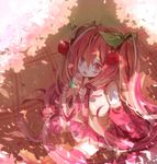  aka_tonbo_(lililil) cherry cherry_blossoms detached_sleeves food fruit hatsune_miku long_hair looking_at_viewer necktie open_mouth pink_eyes pink_hair sakura_miku sitting skirt solo thighhighs very_long_hair vocaloid 